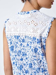 Roman Blue 100% Cotton Floral Print Broderie Crinkle Blouse - Image 5 of 5