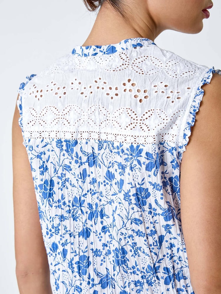 Roman Blue 100% Cotton Floral Print Broderie Crinkle Blouse - Image 5 of 5