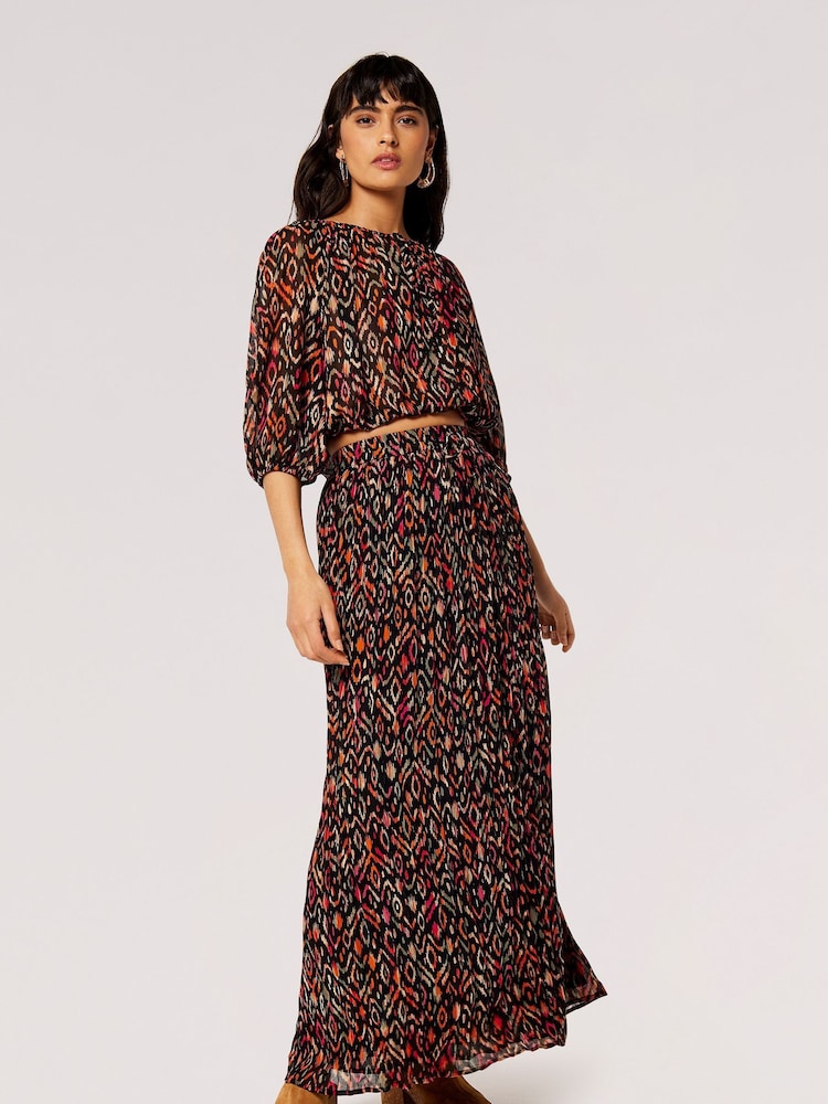 Apricot Brown Ikat Print Tiered Chiffon Skirt - Image 2 of 5