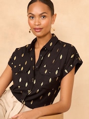Love & Roses Black Foil Roll Sleeve Utility Shirt - Image 1 of 4