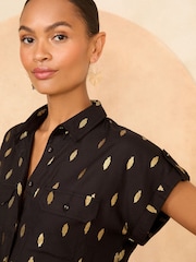Love & Roses Black Foil Roll Sleeve Utility Shirt - Image 2 of 4