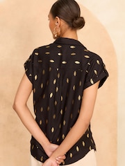 Love & Roses Black Foil Roll Sleeve Utility Shirt - Image 4 of 4