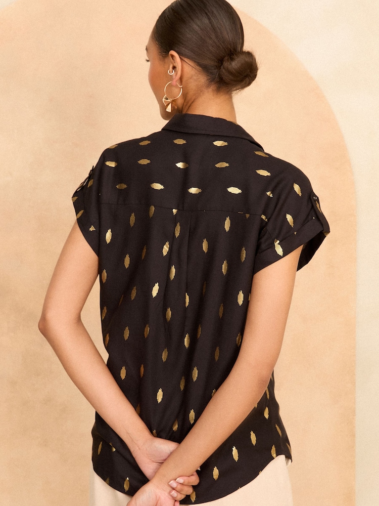 Love & Roses Black Foil Roll Sleeve Utility Shirt - Image 4 of 4