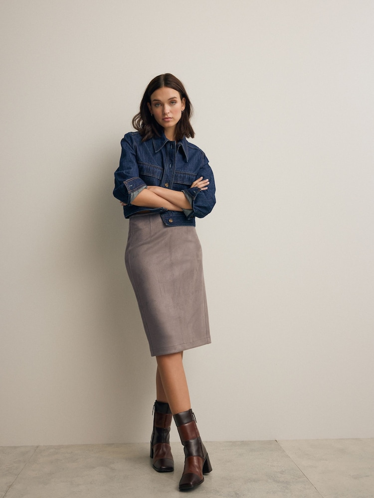 Grey Suedette Knee Skirt - Image 1 of 5