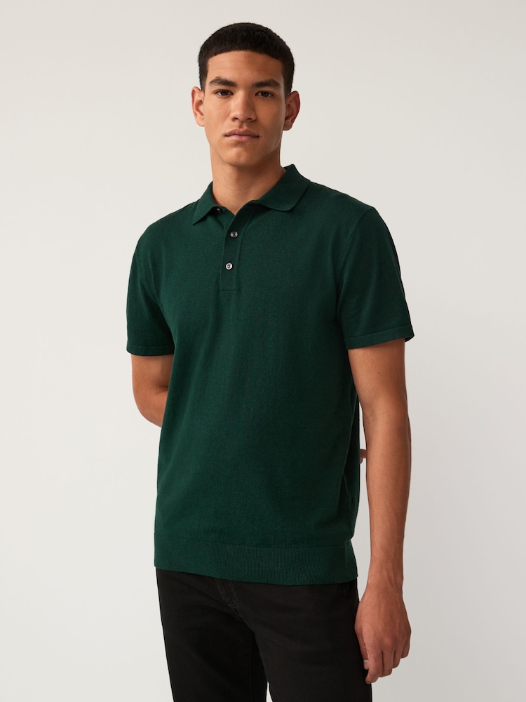 Dark Green Slim Fit Knitted Polo Shirt - Image 1 of 7