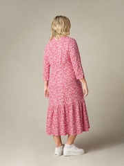 Live Unlimited Red Curve Sprig Print Cotton Slub Button Front Midi Dress - Image 10 of 11