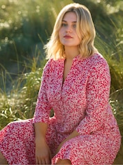 Live Unlimited Red Curve Sprig Print Cotton Slub Button Front Midi Dress - Image 2 of 11