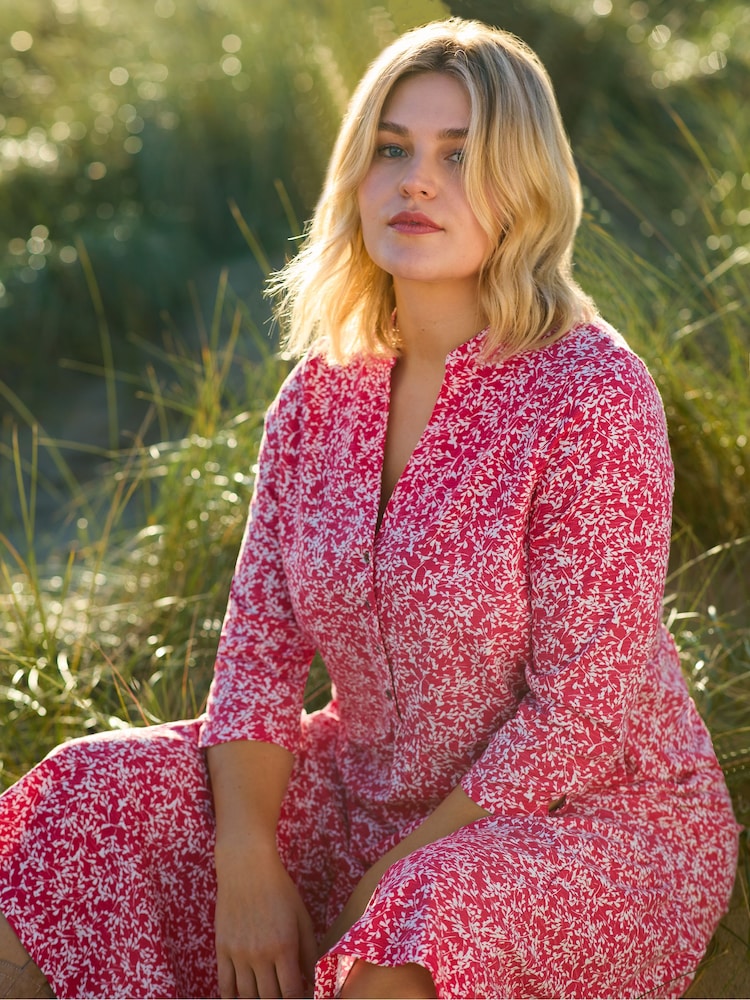 Live Unlimited Red Curve Sprig Print Cotton Slub Button Front Midi Dress - Image 2 of 11