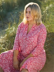 Live Unlimited Red Curve Sprig Print Cotton Slub Button Front Midi Dress - Image 3 of 11