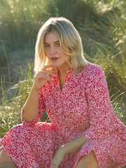 Live Unlimited Red Curve Sprig Print Cotton Slub Button Front Midi Dress - Image 4 of 11