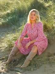 Live Unlimited Red Curve Sprig Print Cotton Slub Button Front Midi Dress - Image 5 of 11