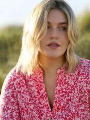 Live Unlimited Red Curve Sprig Print Cotton Slub Button Front Midi Dress - Image 6 of 11