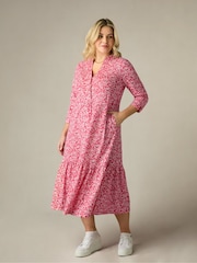 Live Unlimited Red Curve Sprig Print Cotton Slub Button Front Midi Dress - Image 7 of 11