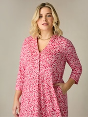 Live Unlimited Red Curve Sprig Print Cotton Slub Button Front Midi Dress - Image 8 of 11