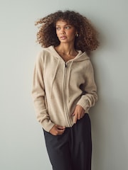 Neutral 100% Wool Premium Zip Through Knitted Hoodie - Image 3 of 8