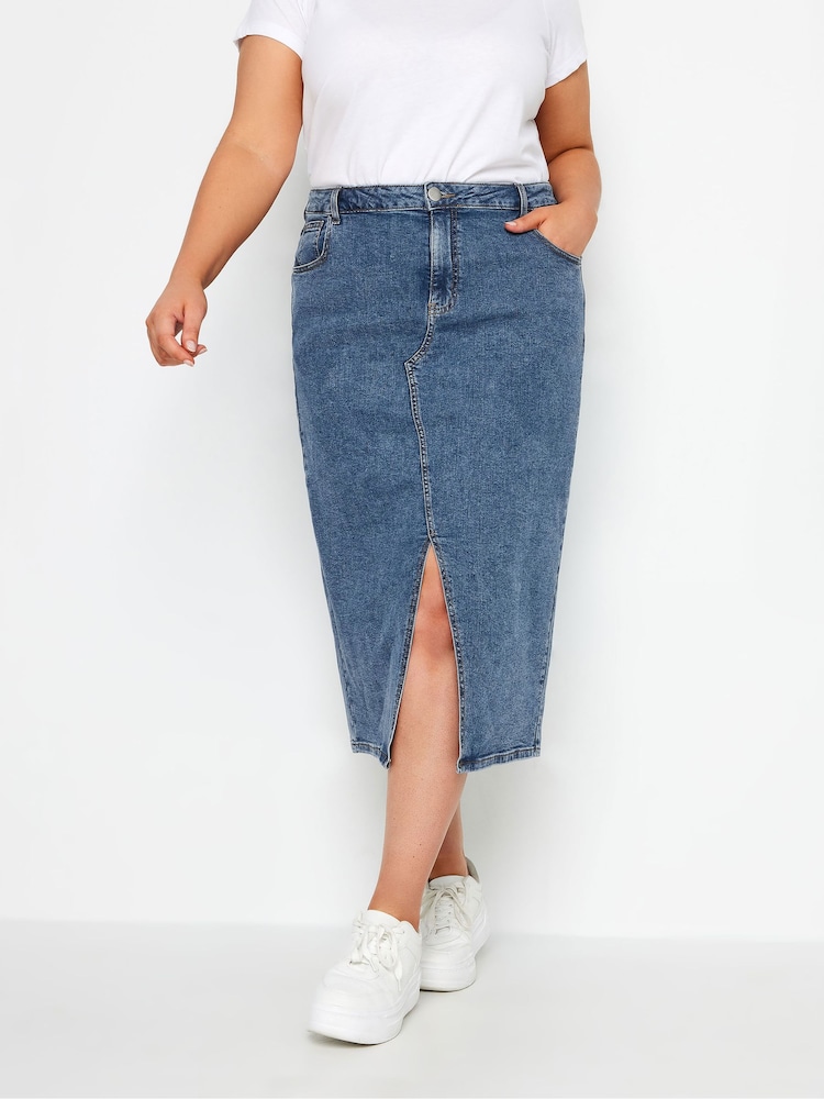 Yours Curve Blue Midi Denim Skirt - Image 1 of 4