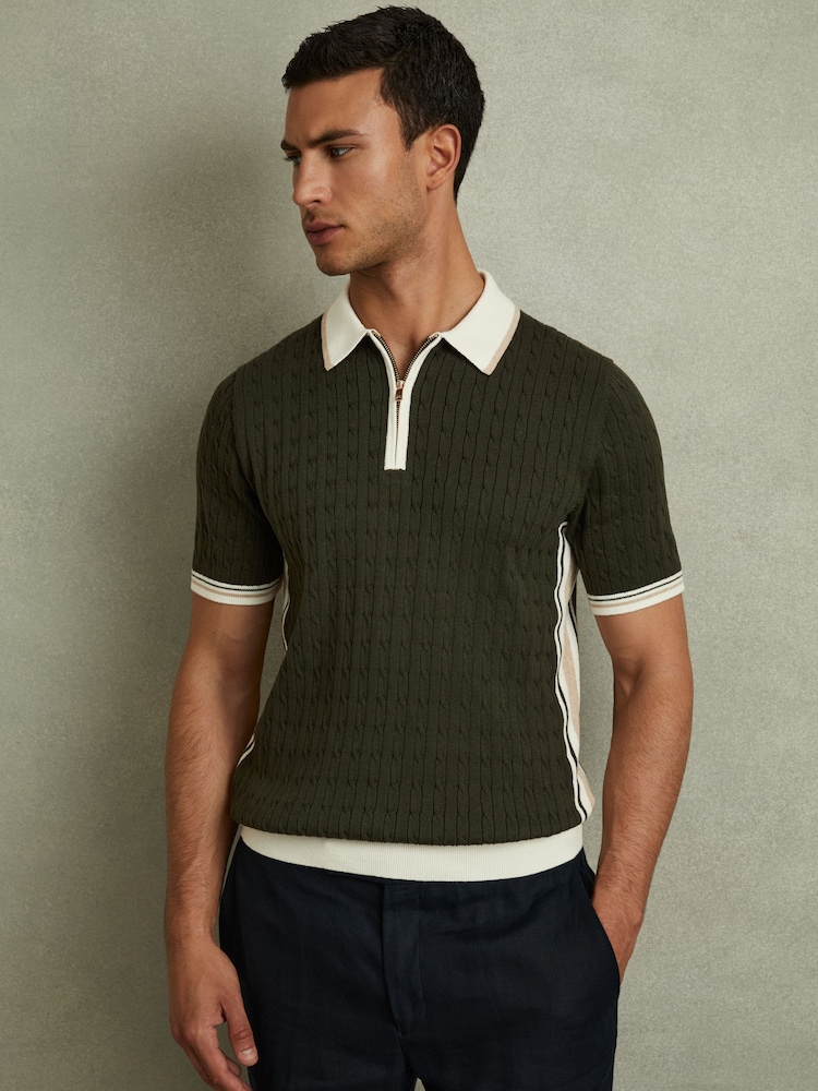 Reiss Khaki Green/Off White/Camel Pulse Cotton Blend Cable Knit Half-Zip Polo Shirt - Image 1 of 6