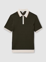 Reiss Khaki Green/Off White/Camel Pulse Cotton Blend Cable Knit Half-Zip Polo Shirt - Image 2 of 6