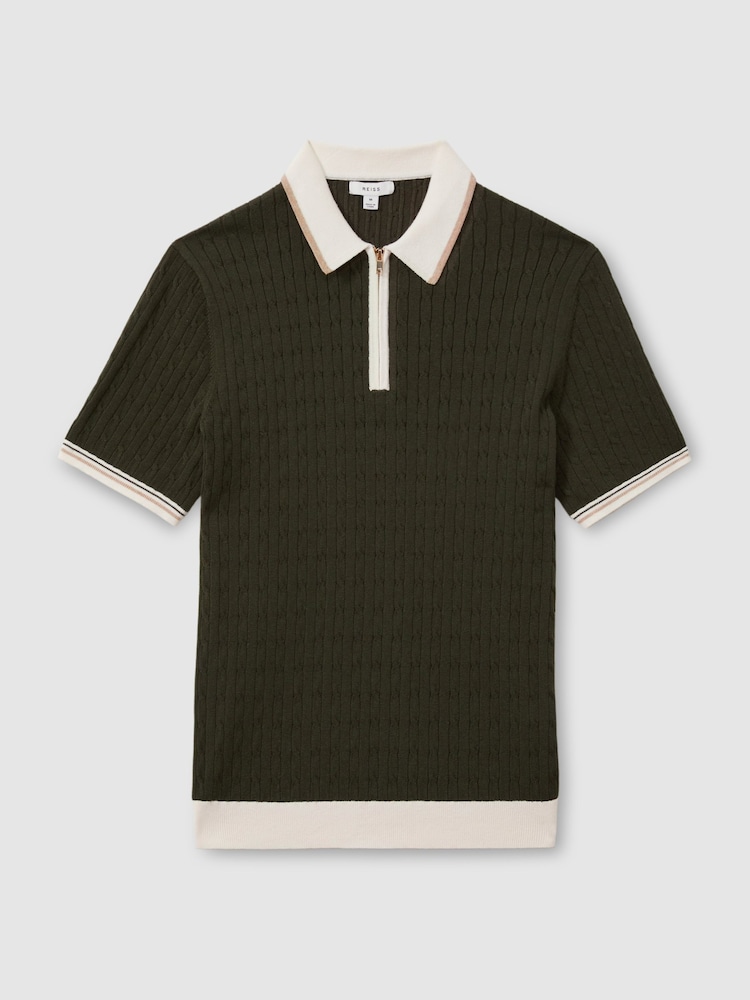 Reiss Khaki Green/Off White/Camel Pulse Cotton Blend Cable Knit Half-Zip Polo Shirt - Image 2 of 6