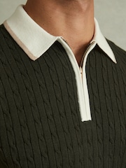 Reiss Khaki Green/Off White/Camel Pulse Cotton Blend Cable Knit Half-Zip Polo Shirt - Image 3 of 6