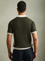 Reiss Khaki Green/Off White/Camel Pulse Cotton Blend Cable Knit Half-Zip Polo Shirt - Image 4 of 6