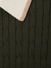 Reiss Khaki Green/Off White/Camel Pulse Cotton Blend Cable Knit Half-Zip Polo Shirt - Image 6 of 6