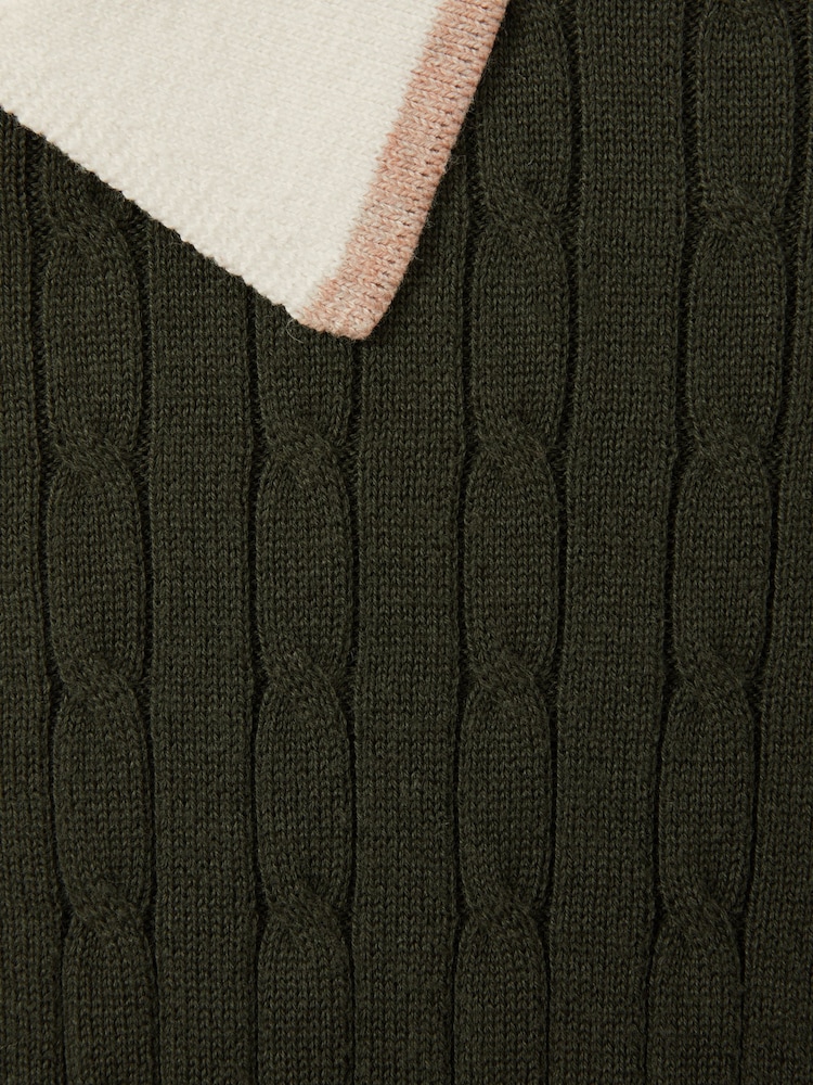 Reiss Khaki Green/Off White/Camel Pulse Cotton Blend Cable Knit Half-Zip Polo Shirt - Image 6 of 6