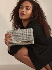 Monochrome Bouclé Clutch Bag With Detachable Cross-Body Chain - Image 1 of 10