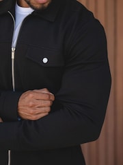 Tailored Athlete Black Muscle Fit Interlock Jersey Zip Through Shacket - Image 4 of 5