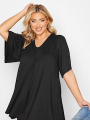 Yours Curve Black Pleat Swing Angel Sleeve Top - Image 1 of 5