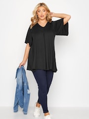Yours Curve Black Pleat Swing Angel Sleeve Top - Image 2 of 5