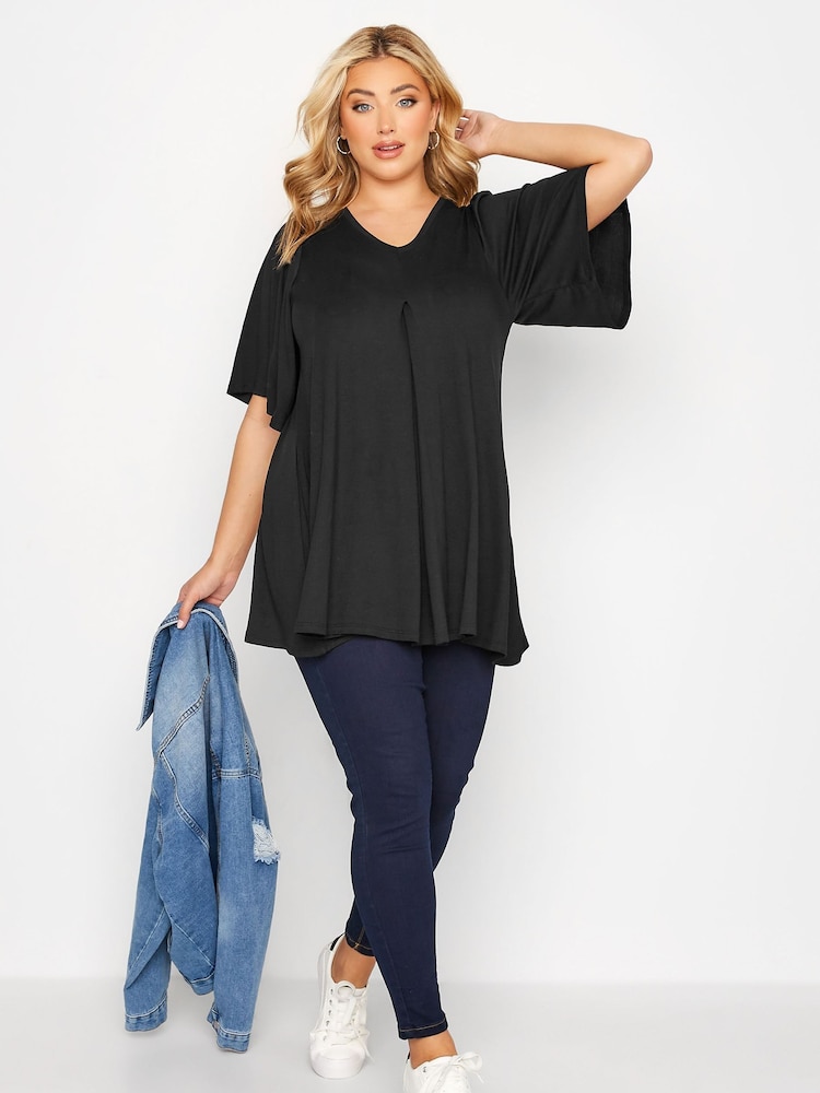 Yours Curve Black Pleat Swing Angel Sleeve Top - Image 2 of 5
