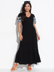 Pour Moi Black Nova Broderie Sleeve Crepe Jersey Midaxi Dress - Image 1 of 4