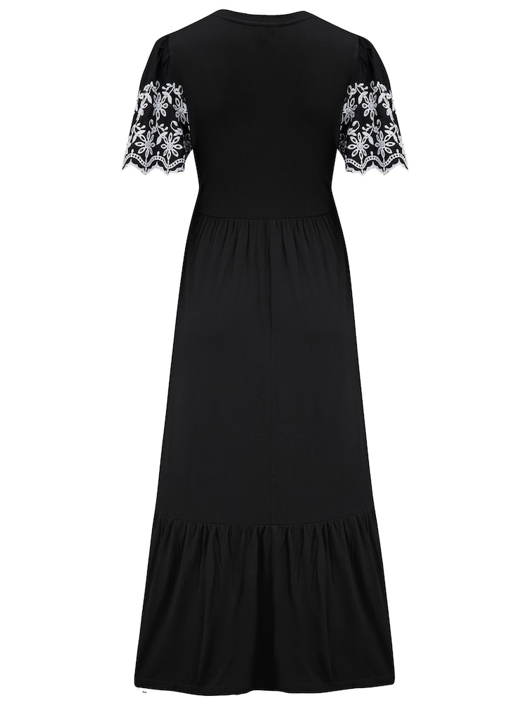 Pour Moi Black Nova Broderie Sleeve Crepe Jersey Midaxi Dress - Image 4 of 4