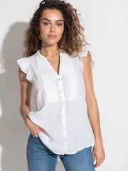 Pour Moi White Poppy Fuller Bust Woven Longline Frill Sleeve Shirt With Linen - Image 1 of 4