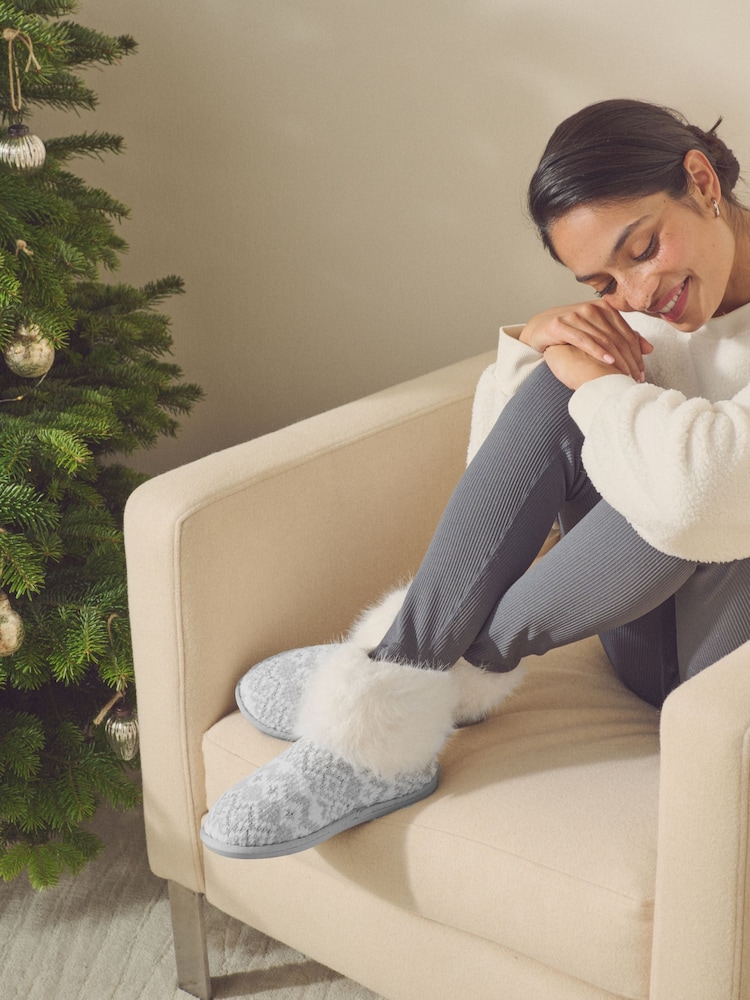 Grey Knitted Faux Fur Fairisle Pattern Boot Slippers - Image 2 of 7