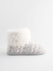 Grey Knitted Faux Fur Fairisle Pattern Boot Slippers - Image 3 of 7