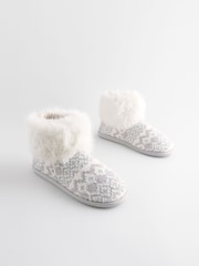 Grey Knitted Faux Fur Fairisle Pattern Boot Slippers - Image 4 of 7