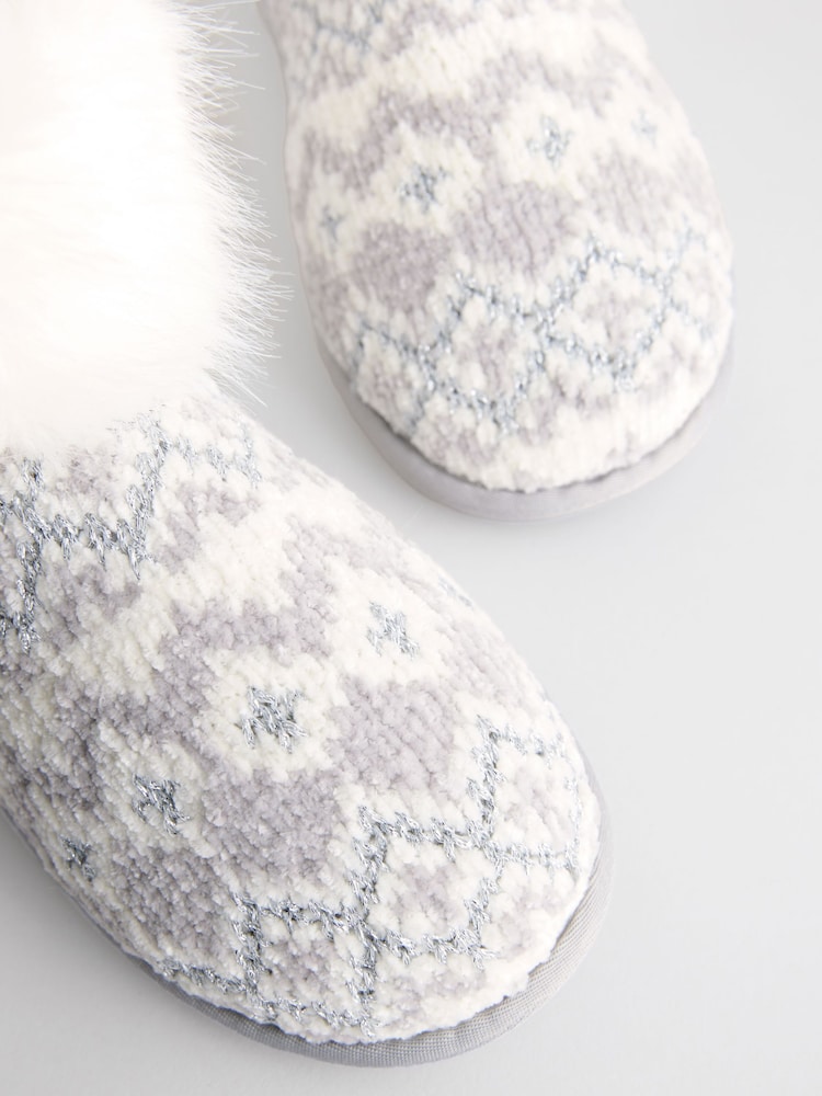 Grey Knitted Faux Fur Fairisle Pattern Boot Slippers - Image 7 of 7