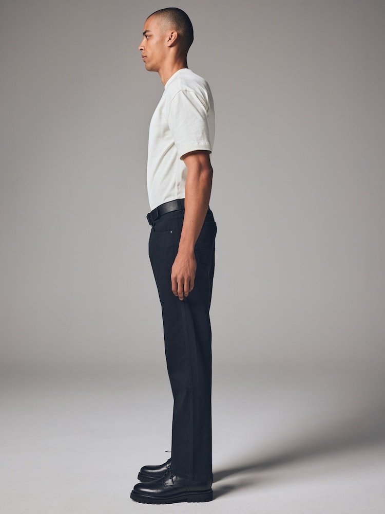 Black Straight Fit Belted Textured 5 Pocket Trousers - Image 4 of 11