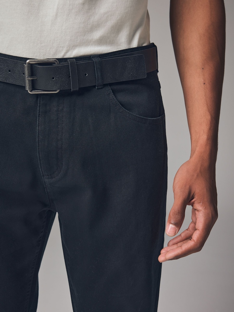 Black Straight Fit Belted Textured 5 Pocket Trousers - Image 5 of 11