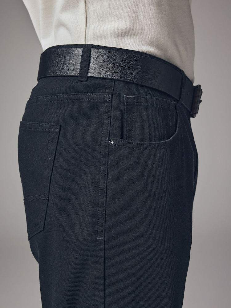 Black Straight Fit Belted Textured 5 Pocket Trousers - Image 7 of 11