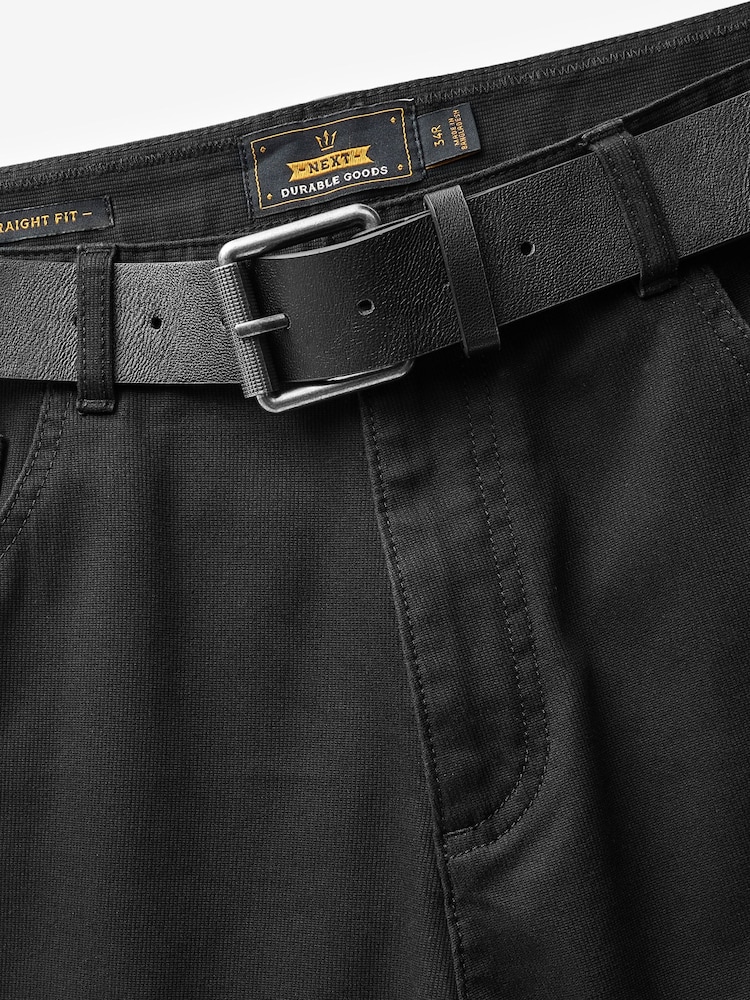 Black Straight Fit Belted Textured 5 Pocket Trousers - Image 9 of 11