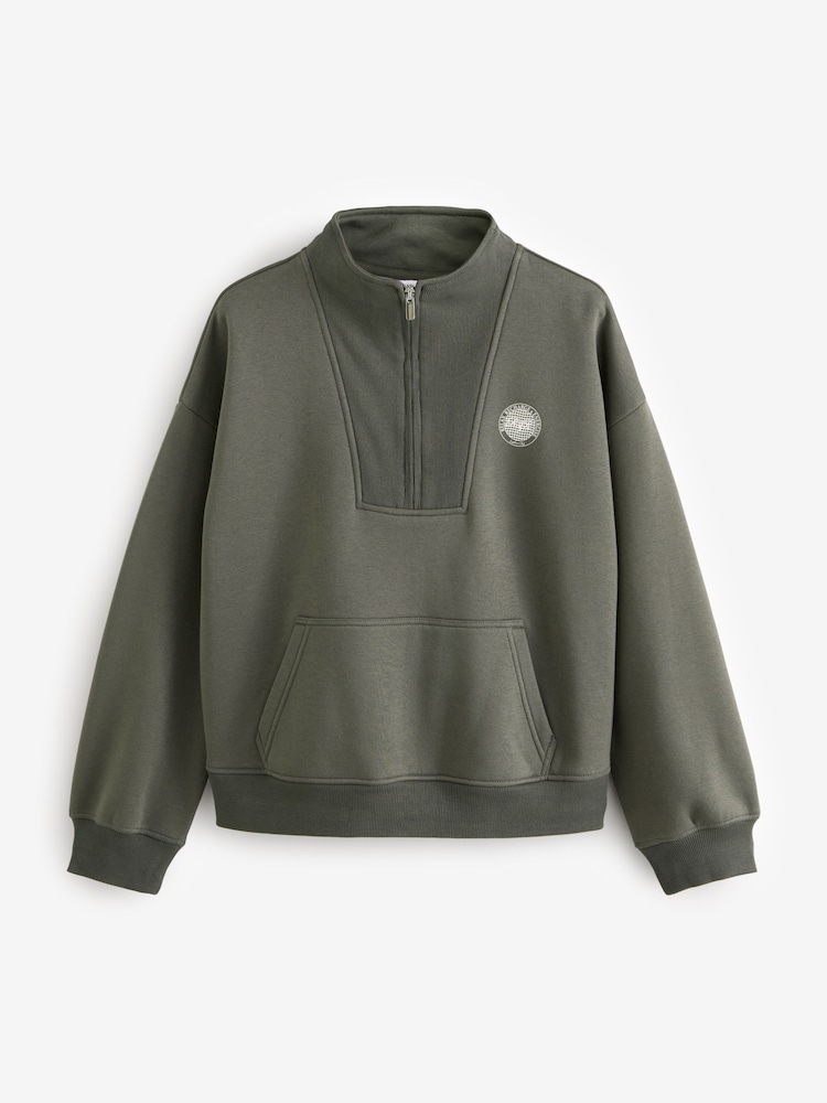Forest Green Graphic Mod Zip Neck Sweat Top - Image 5 of 7