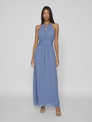 VILA Blue Halter Neck Tulle Maxi Dress - Image 1 of 6