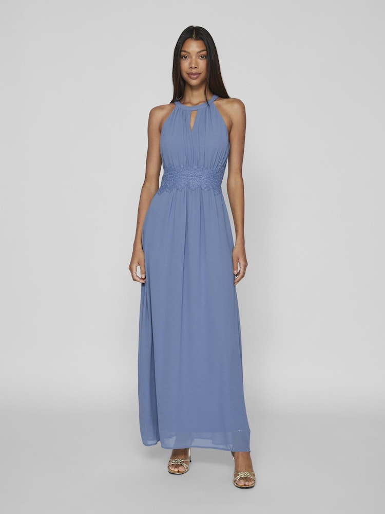 VILA Blue Halter Neck Tulle Maxi Dress - Image 1 of 6 VILA Blue Halter Neck Tulle Maxi Dress - Image 1 of 6