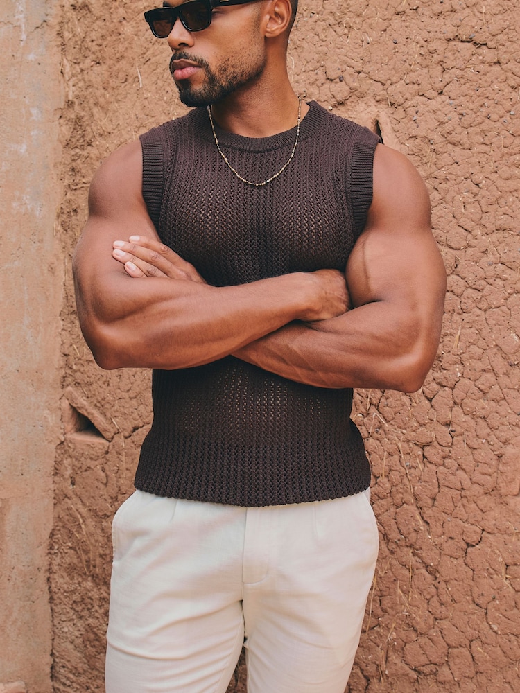Tailored Athlete Brown Muscle Fit Crochet Knitted Vest - Image 1 of 6