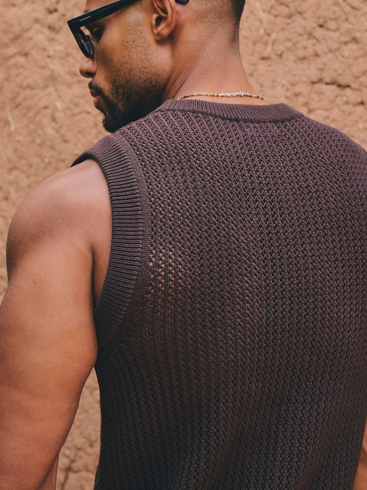 Tailored Athlete Brown Muscle Fit Crochet Knitted Vest - Image 2 of 6