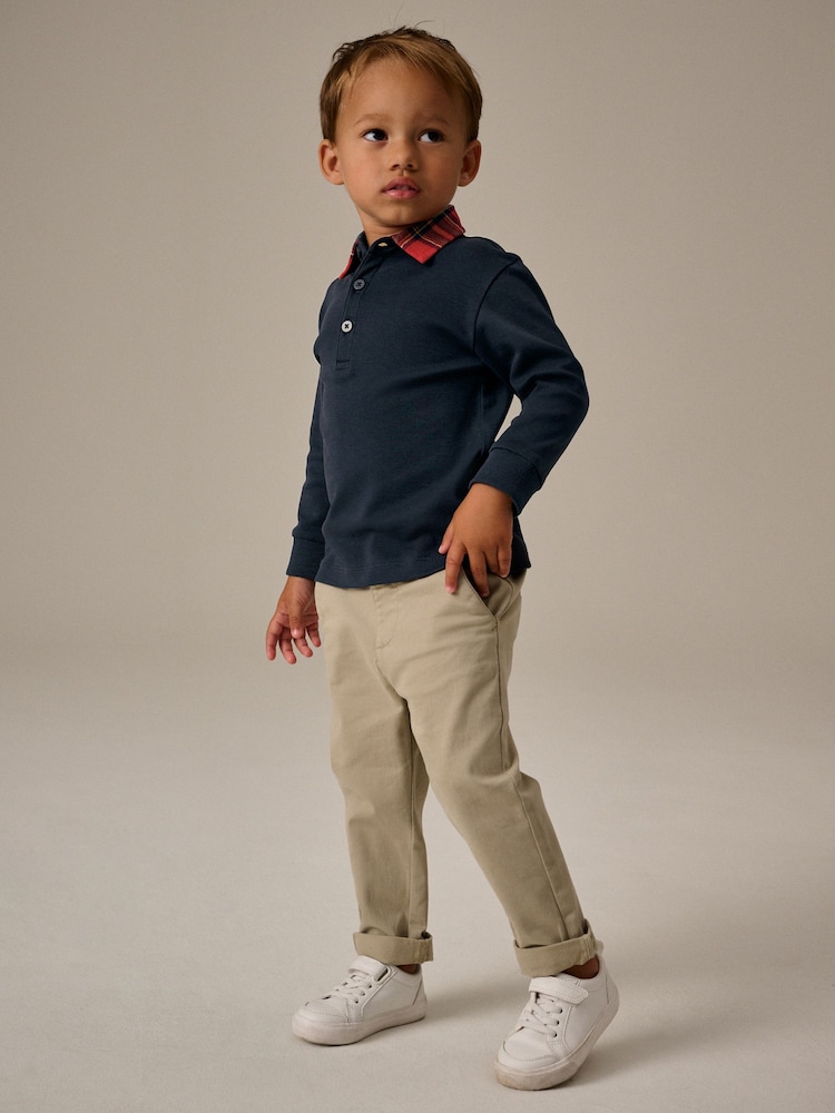 Navy Blue Tartan Collar Long Sleeve 100% Cotton Polo Shirt (3mths-7yrs) - Image 1 of 7