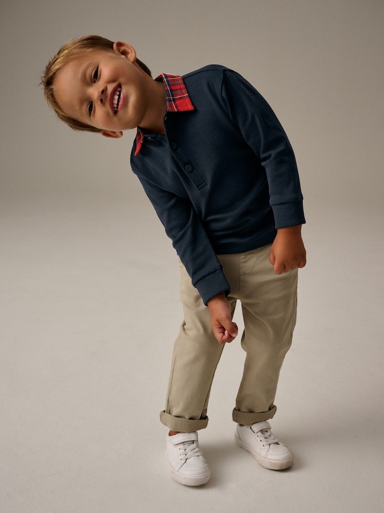 Navy Blue Tartan Collar Long Sleeve 100% Cotton Polo Shirt (3mths-7yrs) - Image 2 of 7
